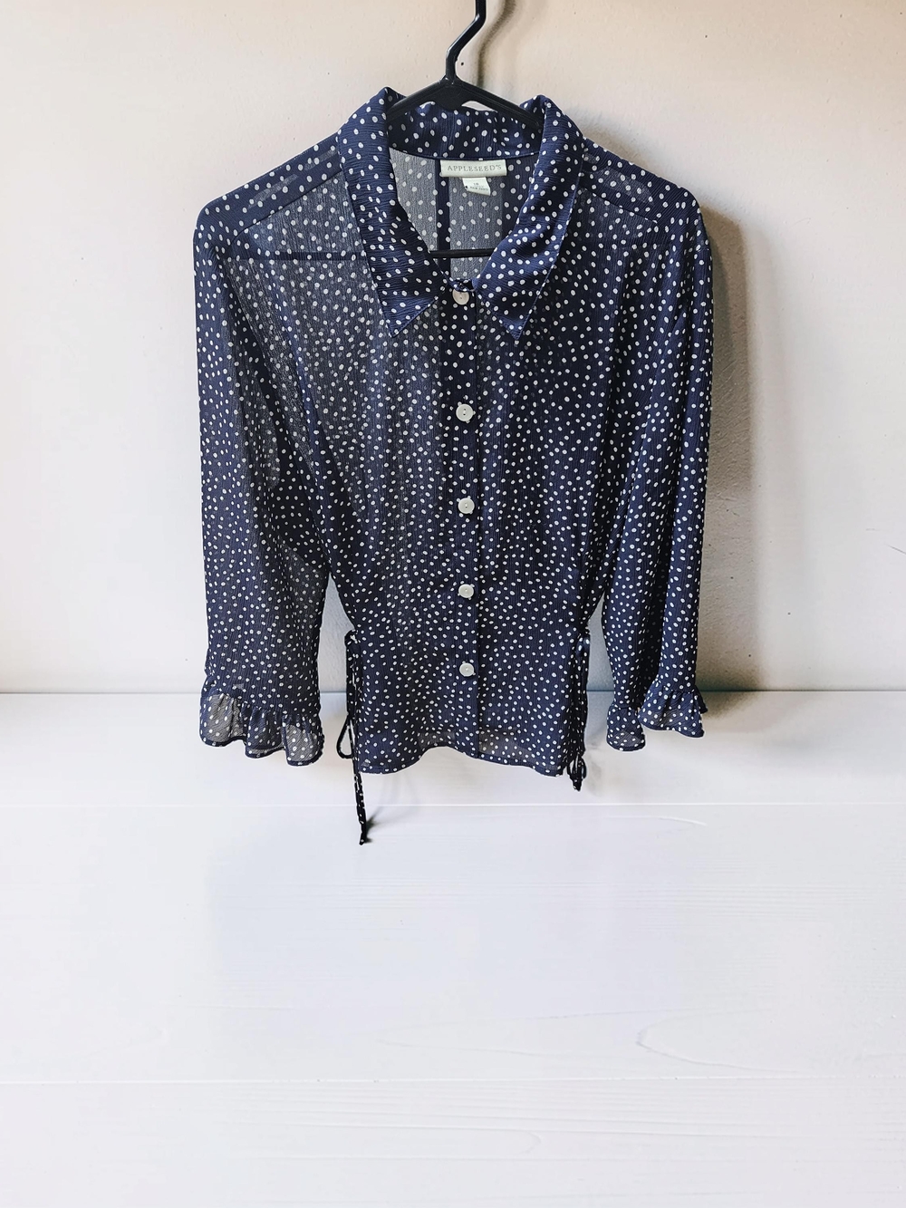 Appleseed's Navy and White Polka Dot Button-Down Blouse